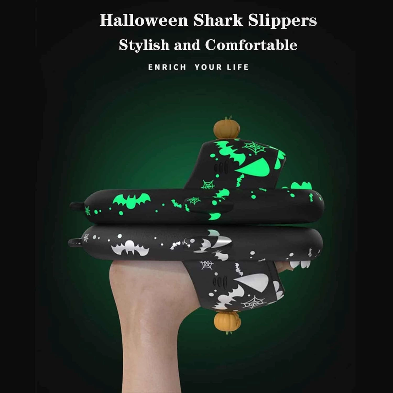 LELEBEAR Spooky Shark Slides Glow In The Dark For Men Women, Halloween Christmas Shark Slippers,3D Cartoon Shark Slides Glow in Dark