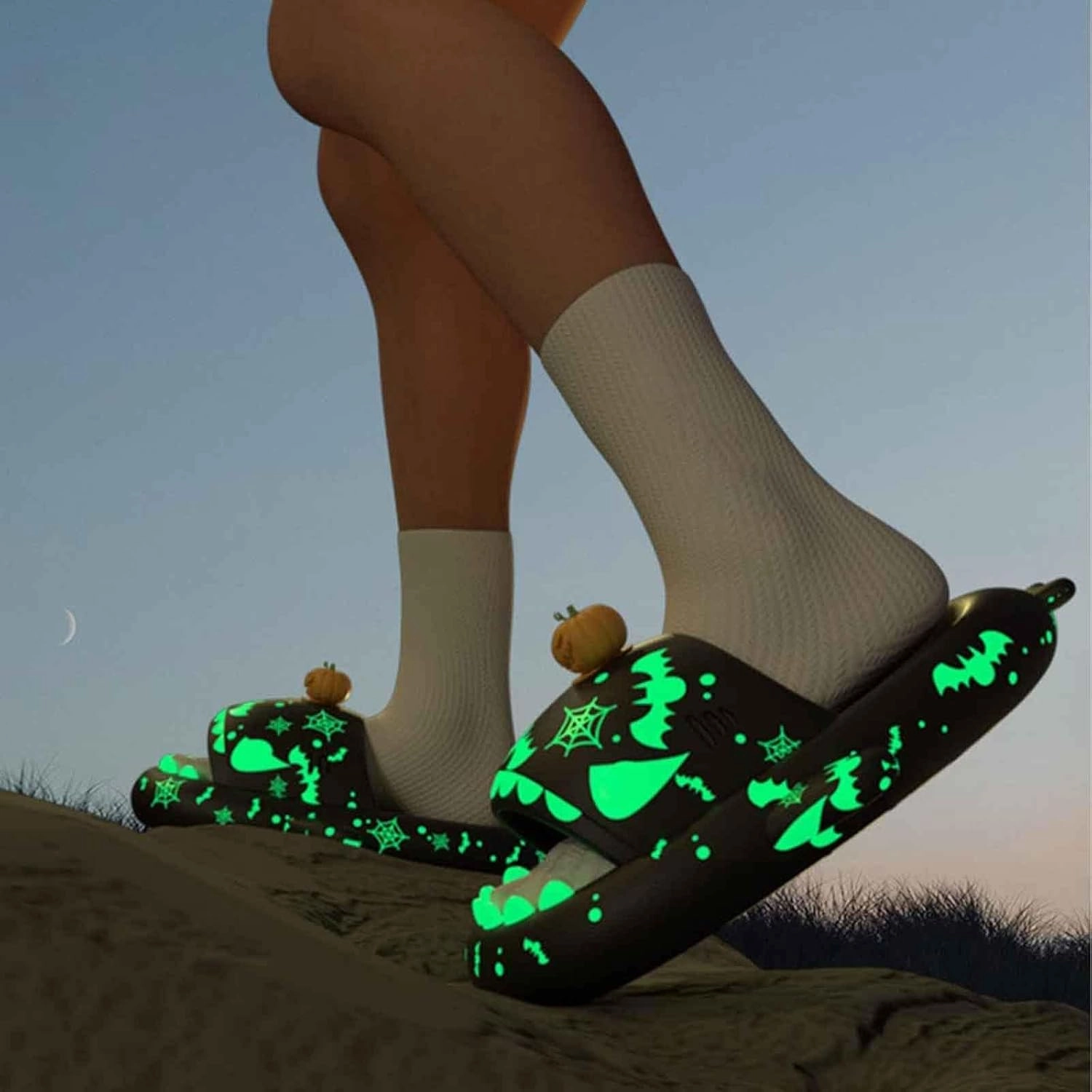 LELEBEAR Spooky Shark Slides Glow In The Dark For Men Women, Halloween Christmas Shark Slippers,3D Cartoon Shark Slides Glow in Dark