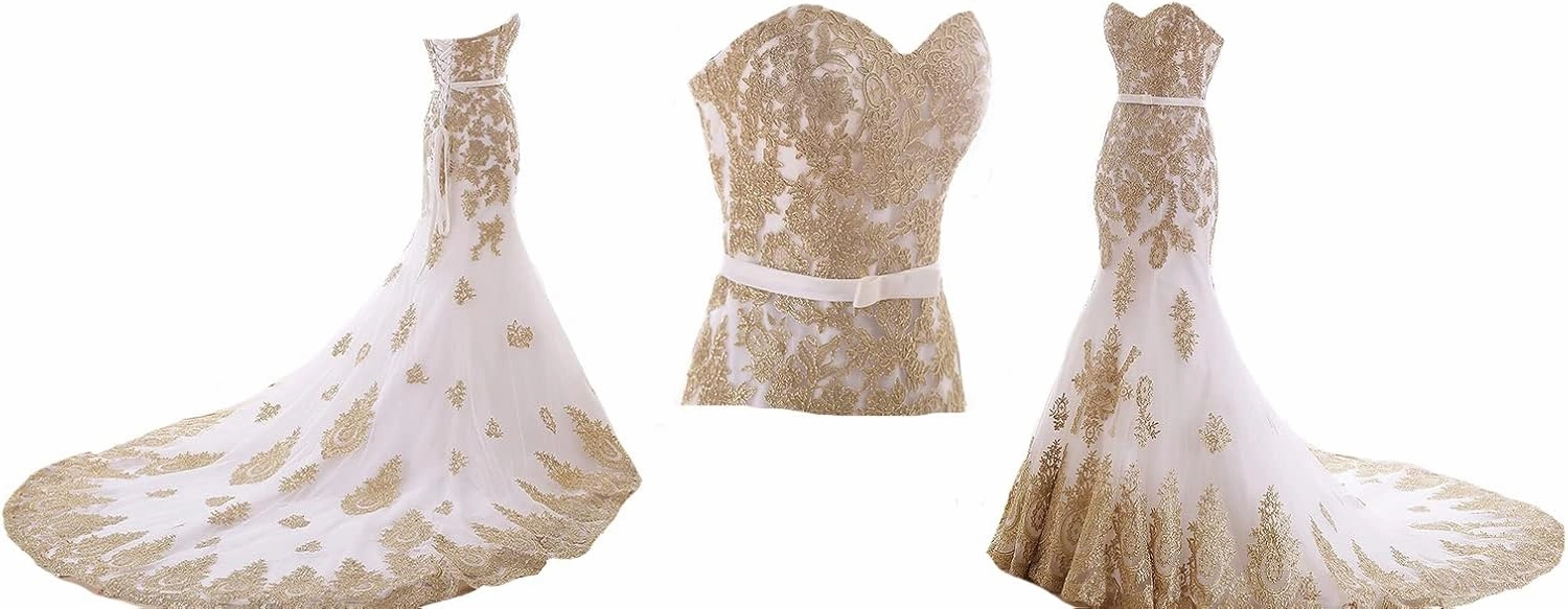 Lemai Mermaid Long Tulle Gold Lace Corset Sweetheart Wedding Dresses with Sash