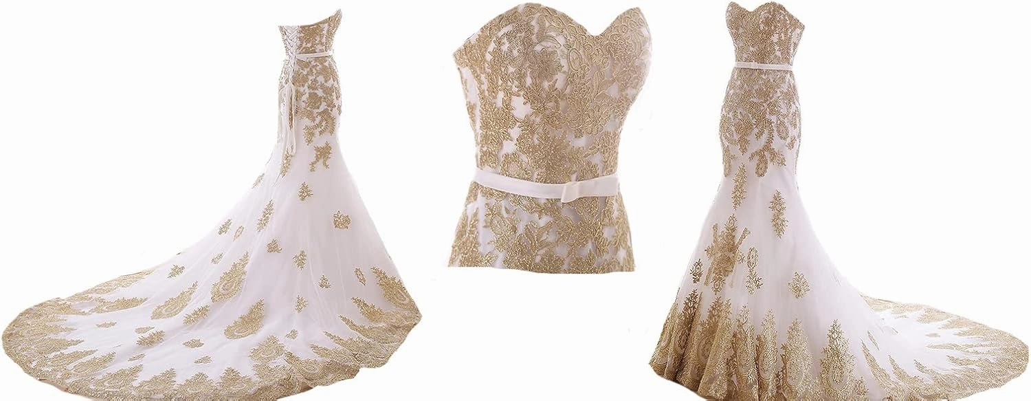 Lemai Mermaid Long Tulle Gold Lace Corset Sweetheart Wedding Dresses with Sash