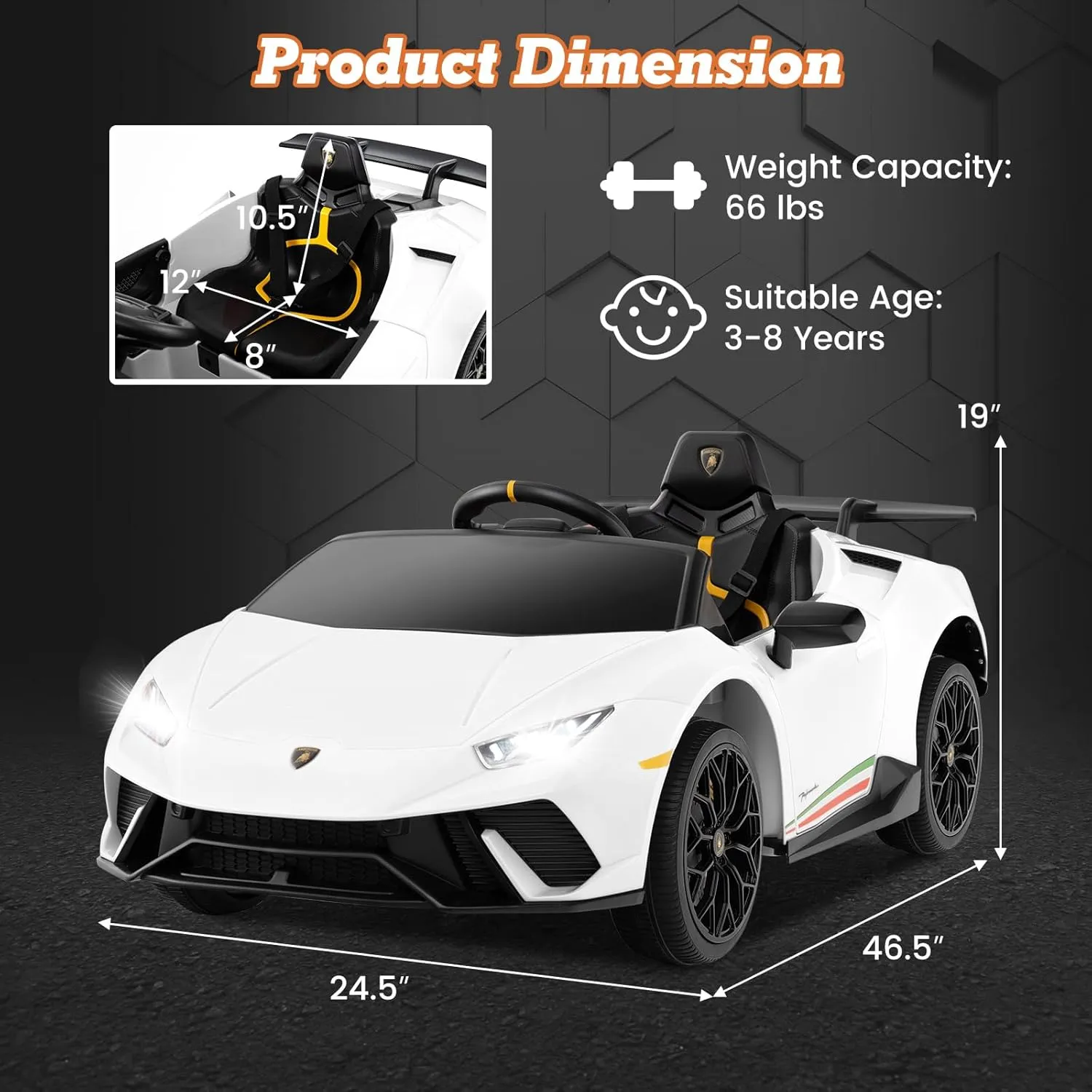 Licensed Lamborghini Huracan Ride on Car by INFANS, 12V Kids Electric Vehicle Battery Powered Toy with Remote Control, LED Lights, Spring Suspension, Bluetooth, MP3, Aged 3-8 Years (White)