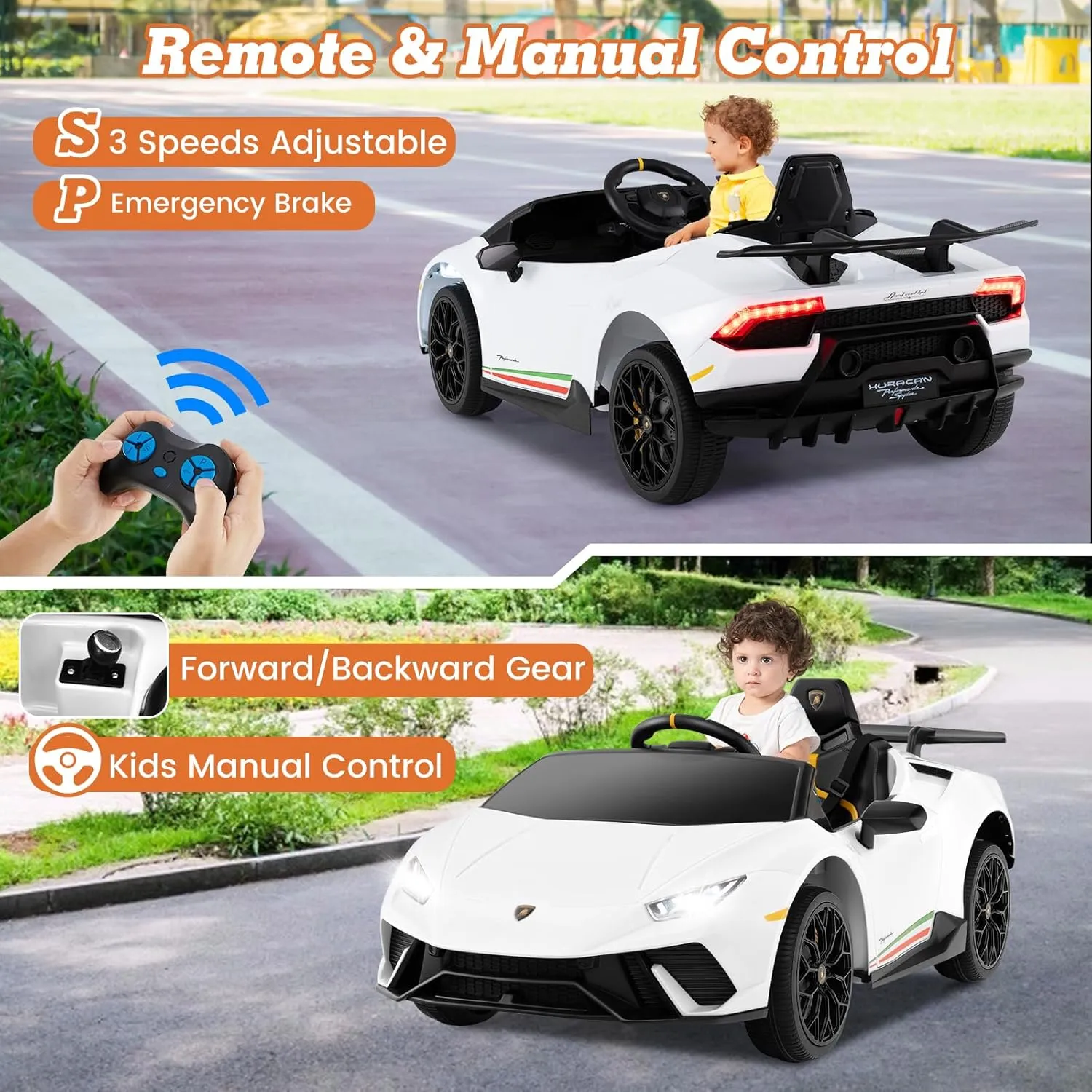 Licensed Lamborghini Huracan Ride on Car by INFANS, 12V Kids Electric Vehicle Battery Powered Toy with Remote Control, LED Lights, Spring Suspension, Bluetooth, MP3, Aged 3-8 Years (White)