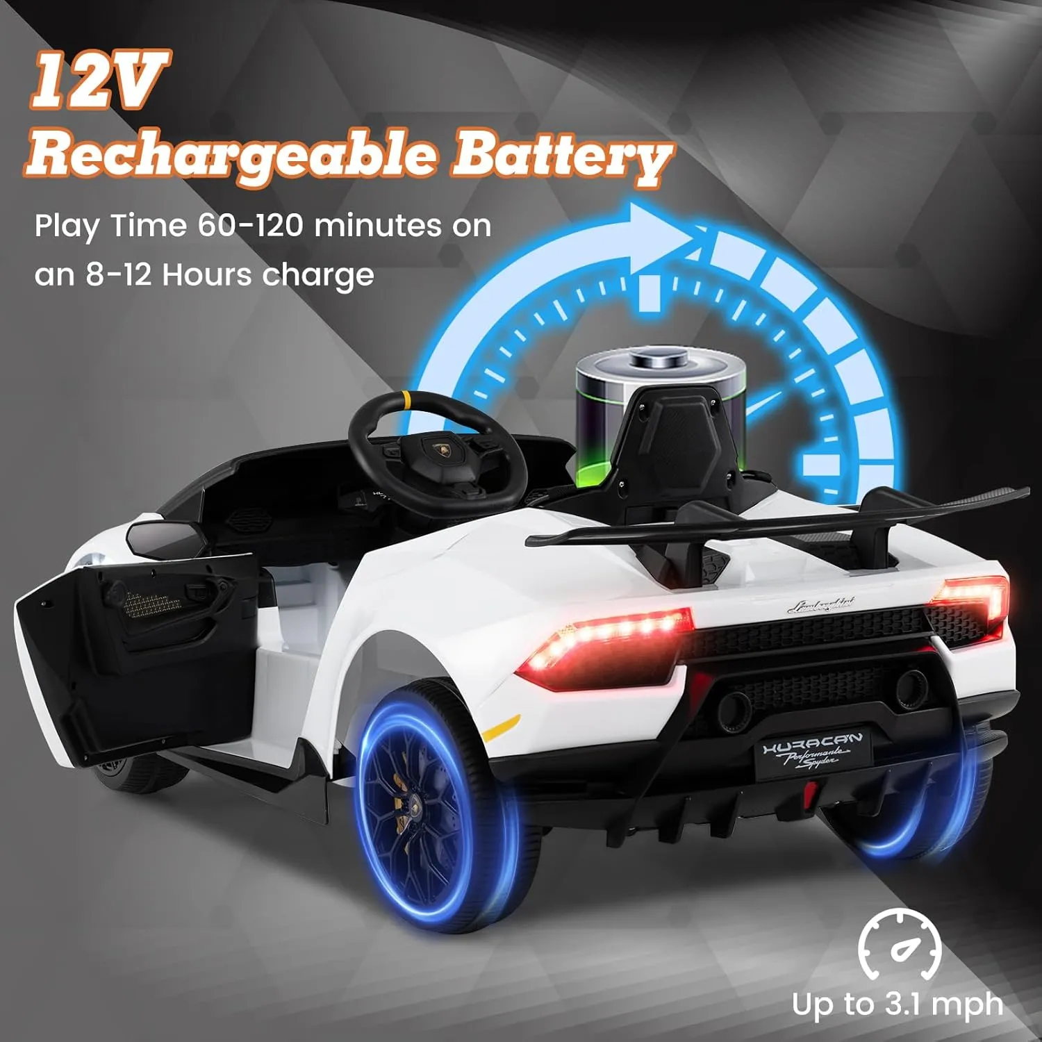 Licensed Lamborghini Huracan Ride on Car by INFANS, 12V Kids Electric Vehicle Battery Powered Toy with Remote Control, LED Lights, Spring Suspension, Bluetooth, MP3, Aged 3-8 Years (White)