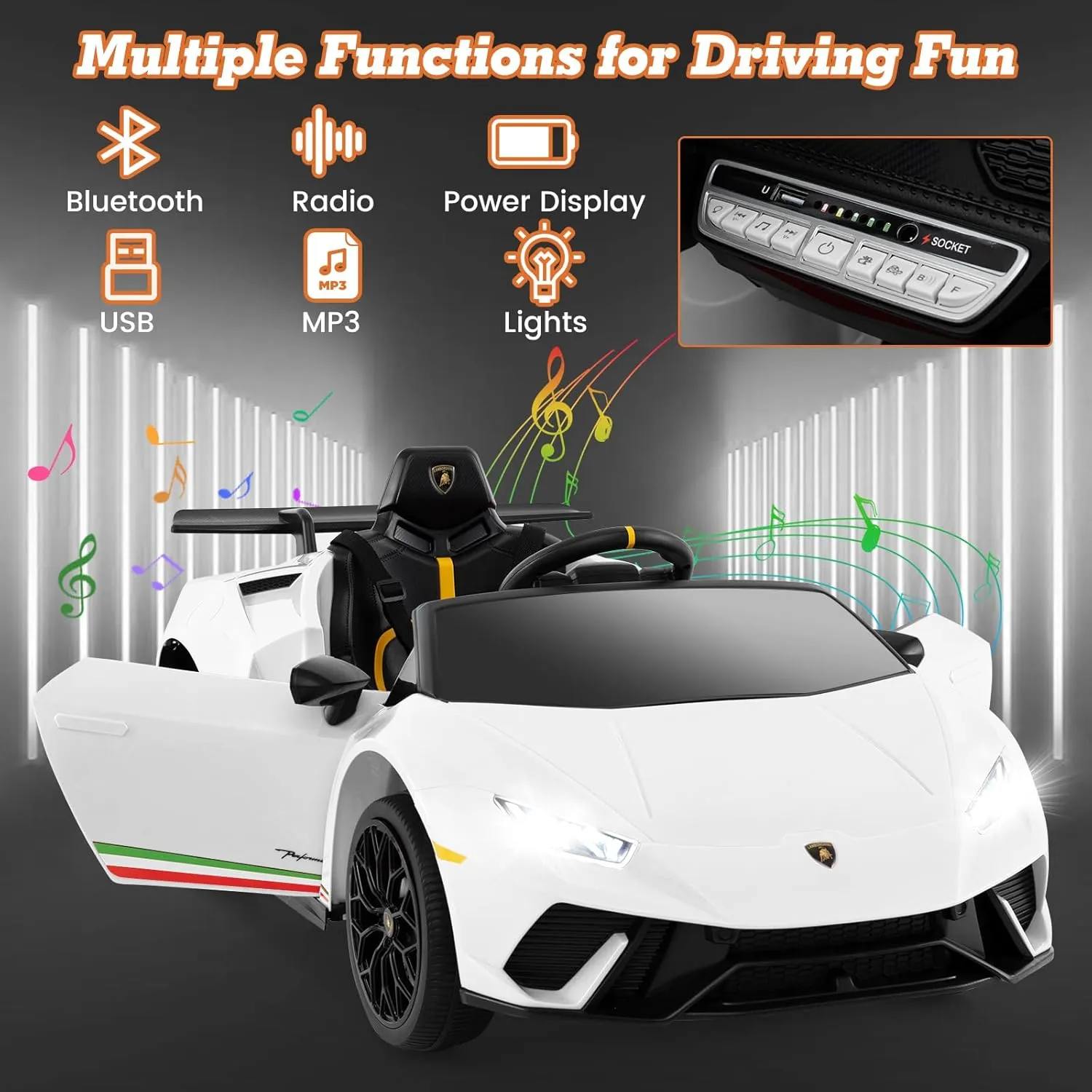 Licensed Lamborghini Huracan Ride on Car by INFANS, 12V Kids Electric Vehicle Battery Powered Toy with Remote Control, LED Lights, Spring Suspension, Bluetooth, MP3, Aged 3-8 Years (White)