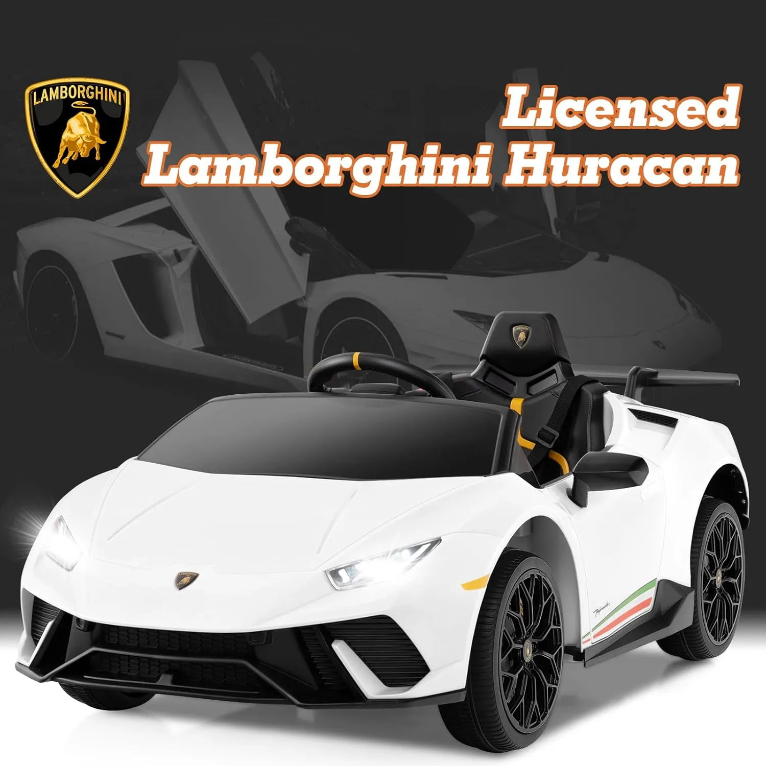 Licensed Lamborghini Huracan Ride on Car by INFANS, 12V Kids Electric Vehicle Battery Powered Toy with Remote Control, LED Lights, Spring Suspension, Bluetooth, MP3, Aged 3-8 Years (White)