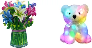 Light Up Teddy Bear Stuffed Animal and Paper Flower Bouquet Birthday