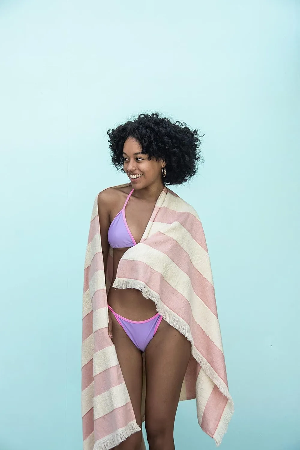 Lightweight Turkish Beach Towel - 100% BCI Cotton, Unbleached Raw Fringe, Oeko-TEX Certified, Absorbent, Eco-Friendly, 36x66 in, 1 lb, Natural Stripe, Portable Sarong Blanket for Pool, Travel, Gift