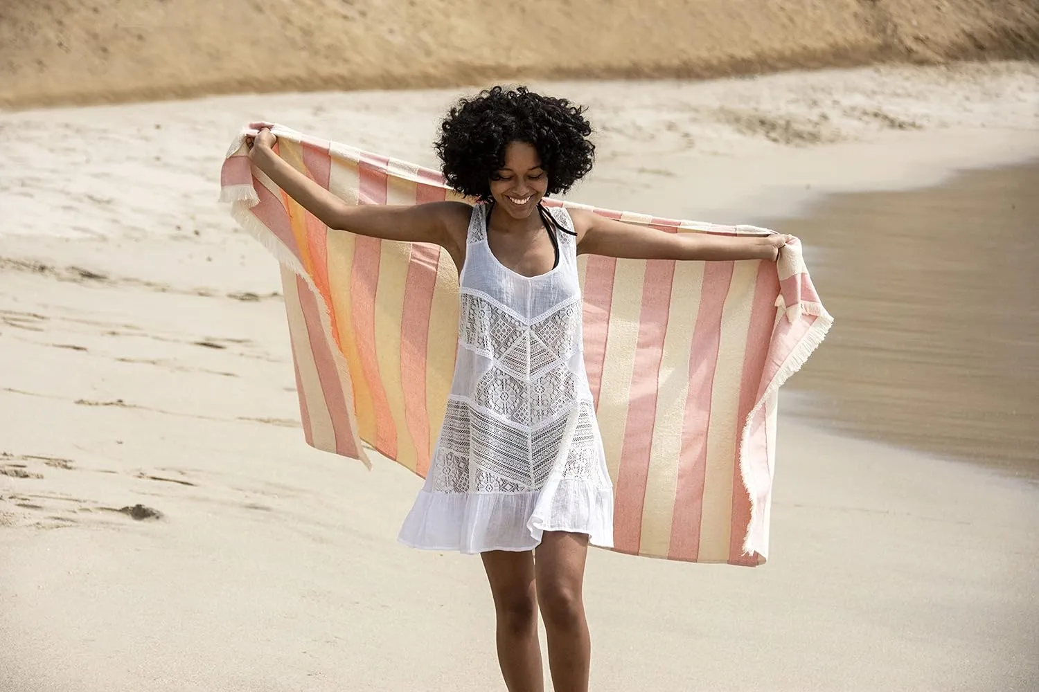 Lightweight Turkish Beach Towel - 100% BCI Cotton, Unbleached Raw Fringe, Oeko-TEX Certified, Absorbent, Eco-Friendly, 36x66 in, 1 lb, Natural Stripe, Portable Sarong Blanket for Pool, Travel, Gift