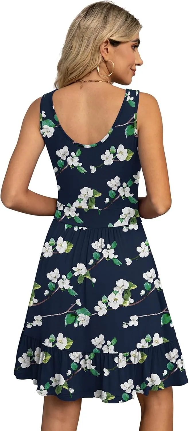 LILBETTER Women's Summer Casual U Neck Sundresses Pleated Knee Length Sleeveless Tank Dress