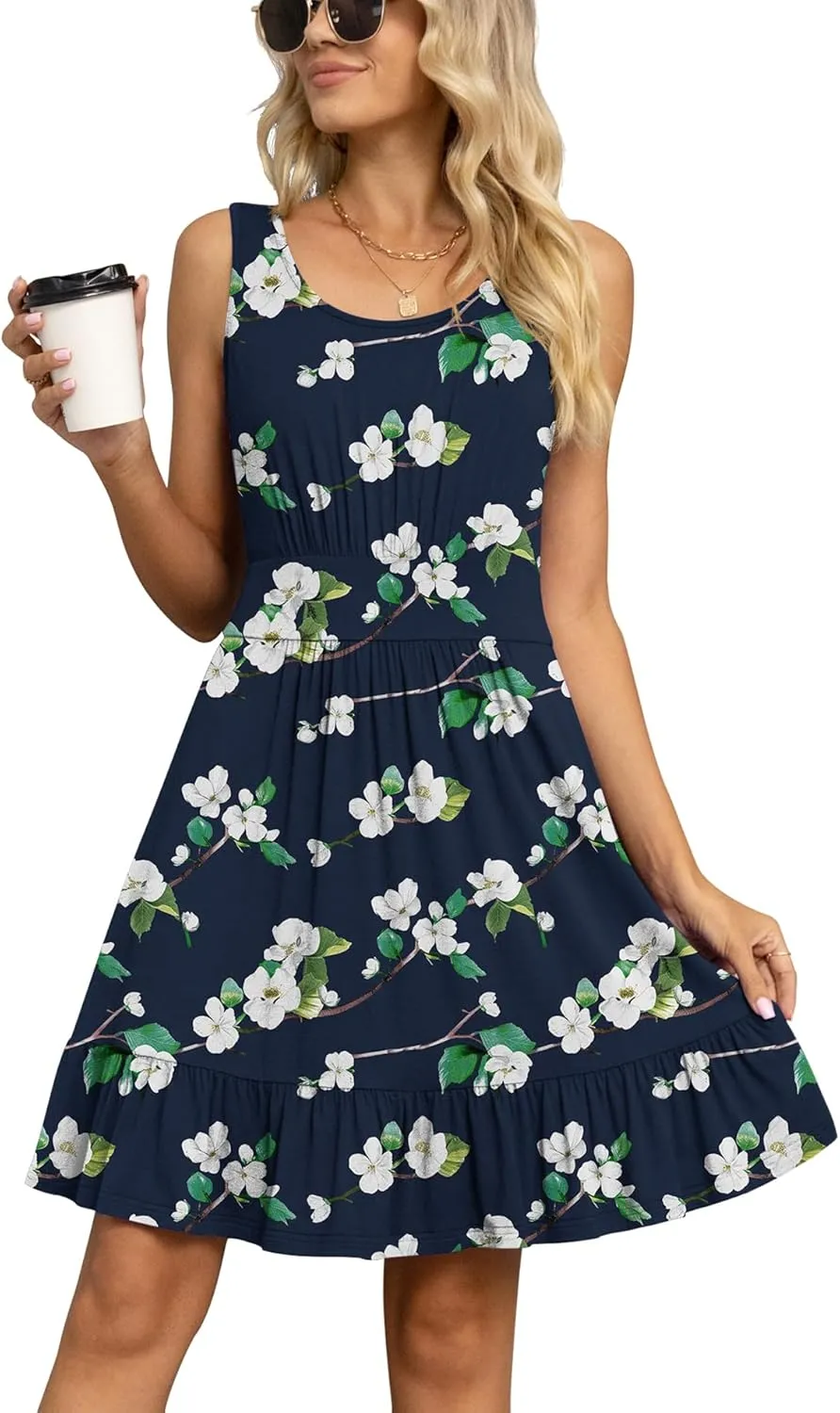 LILBETTER Women's Summer Casual U Neck Sundresses Pleated Knee Length Sleeveless Tank Dress