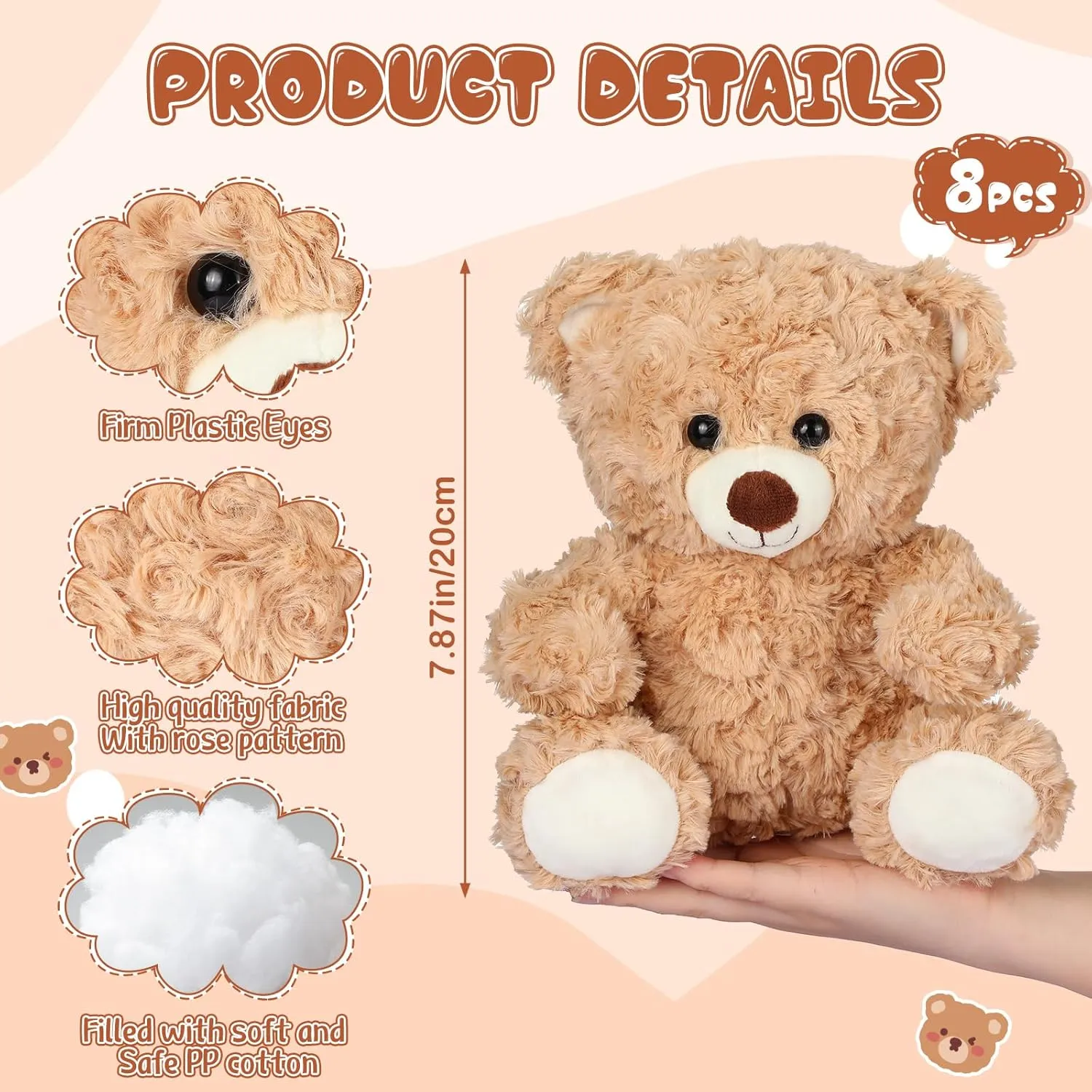 Liliful 8 Pieces 8 Inch Bear Stuffed Animal Bulk Stuffed Animals Plush Toys Bear Party Favors for Baby Shower Birthday Party Gifts Supplies(Light Brown)