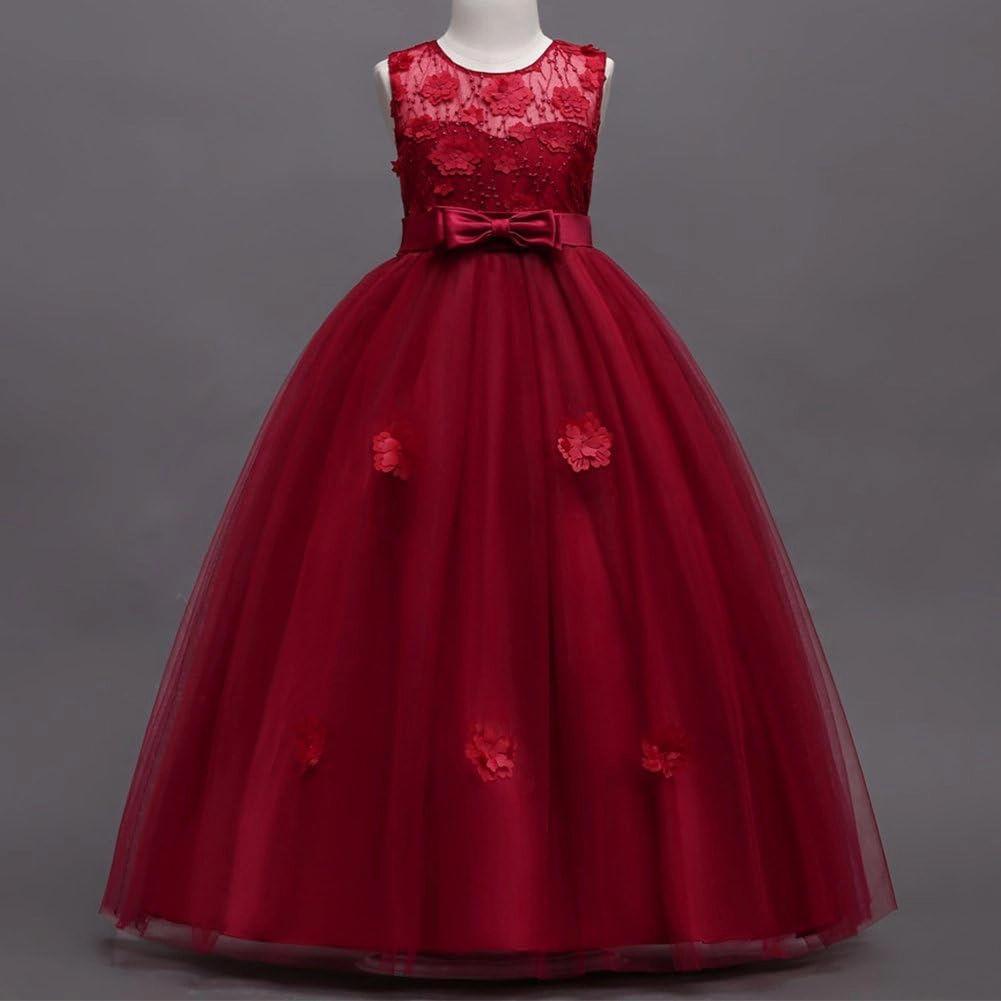 Little Big Girls’Tulle Retro Vintage Dresses Flower Lace Pageant Party Wedding Floor Length Dance Evening Gown