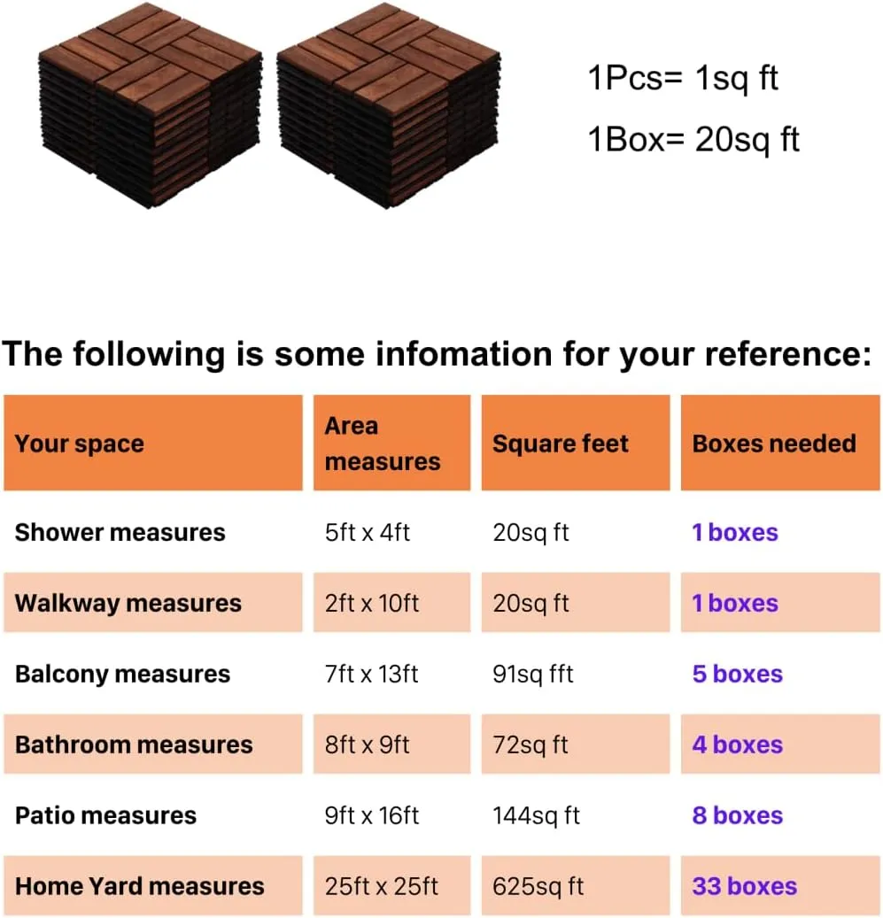 LLS 20 Pack Deck Tiles, 12 "x12 Square Interlocking Deck Tiles, Hardwood Brown Deck Tiles Interlocking Outdoor All Weather, Pool Balcony Backyard Terrace, Brown