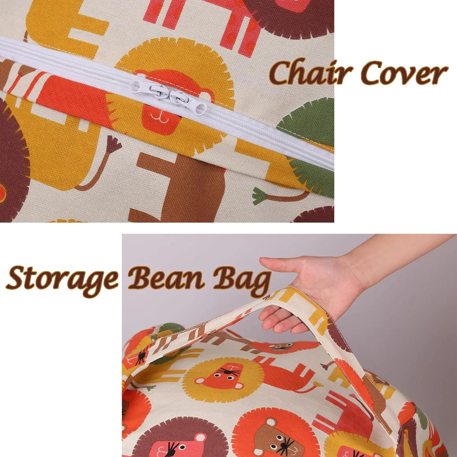 LMYOVE Stuffed Animal Storage Bean Bag Chair Cover for Kids, Zipper Storage Bean Bag for Organizing Plush Toys for Girls and Boys (26", Cartoon Lion)
