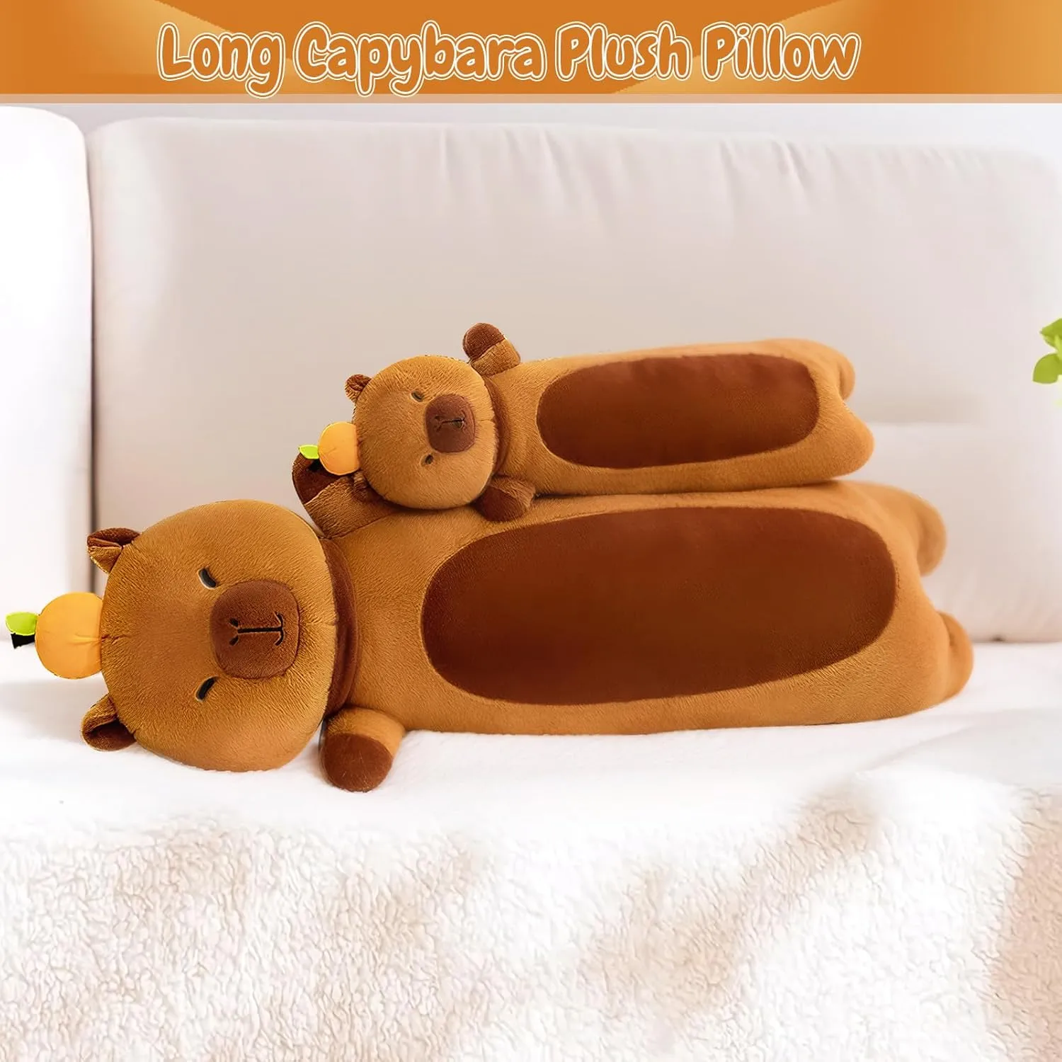 Long Capybara Plush Pillow with Orange, 36" Long Capybara Plush Stuffed Animal, Cute Soft Plush Capybara Plushie Stuffed Toys Gift for Boys Girls