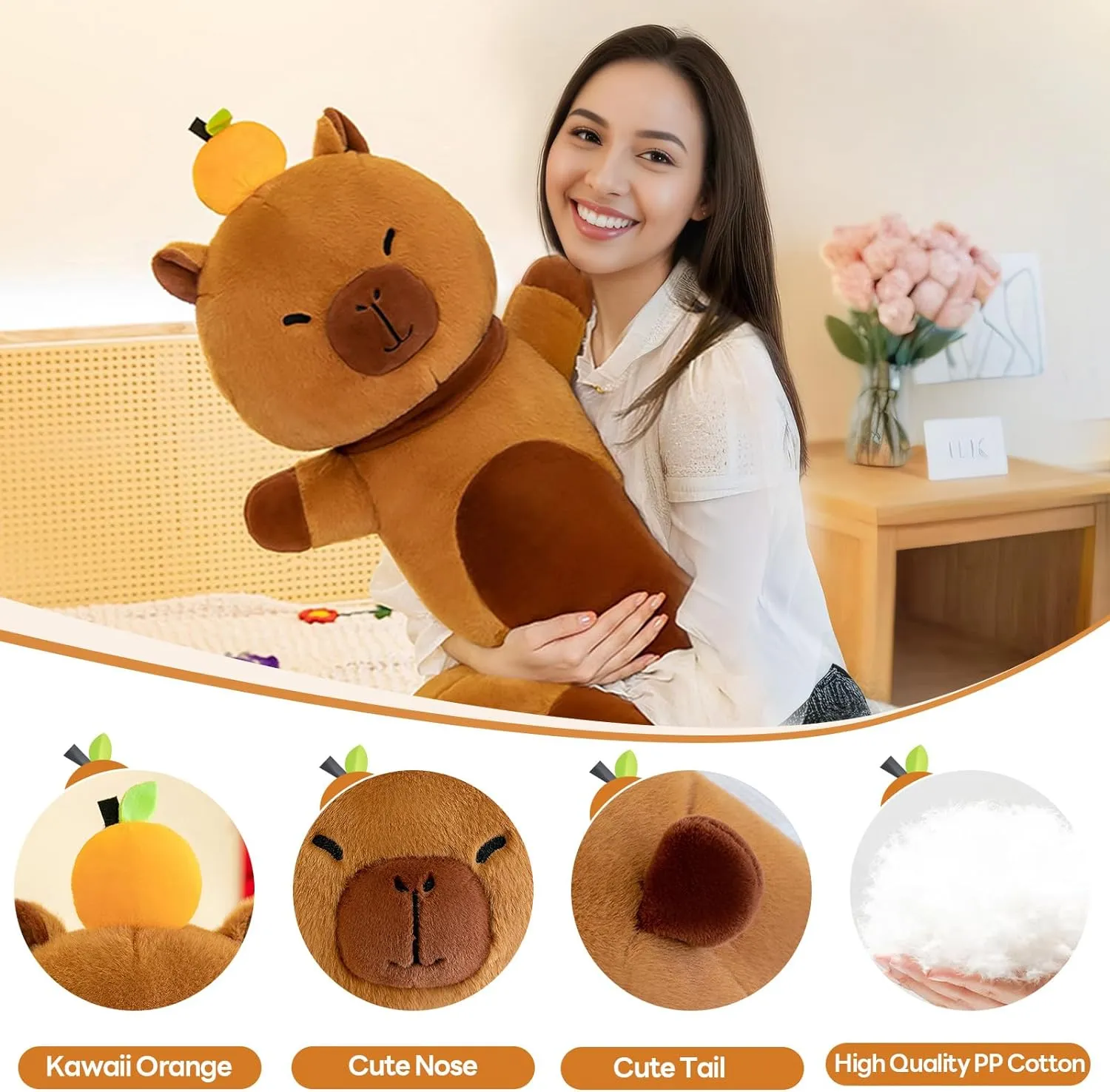 Long Capybara Plush Pillow with Orange, 36" Long Capybara Plush Stuffed Animal, Cute Soft Plush Capybara Plushie Stuffed Toys Gift for Boys Girls