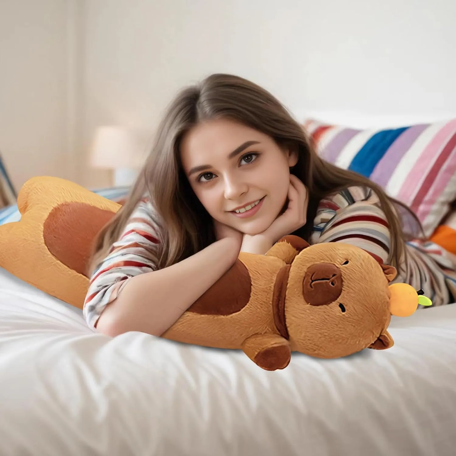Long Capybara Plush Pillow with Orange, 36" Long Capybara Plush Stuffed Animal, Cute Soft Plush Capybara Plushie Stuffed Toys Gift for Boys Girls