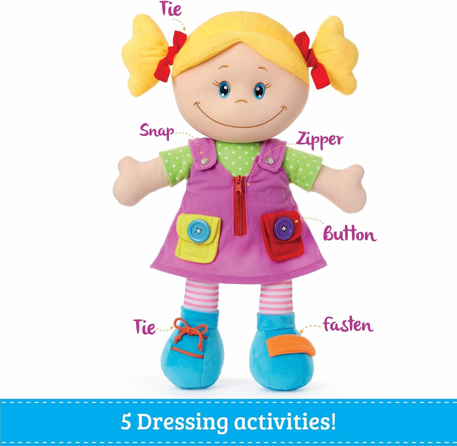 Love & Learn 17" Educational Soft Girl Doll with Zipper, Button, Snap, Shoe Tie, & Self Fastening Skills, Montessori Learning Doll