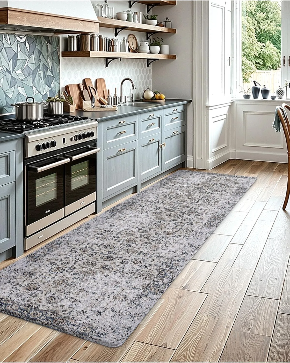 LUMI 2025 Upgraded Anti-Fatigue Cushioned Kitchen Mat for Floor, Non-Slip Padded Runners for Standing, Comfort PVC Rugs for Desk Office, Sink, Laundry, 24"x87", Light Grey