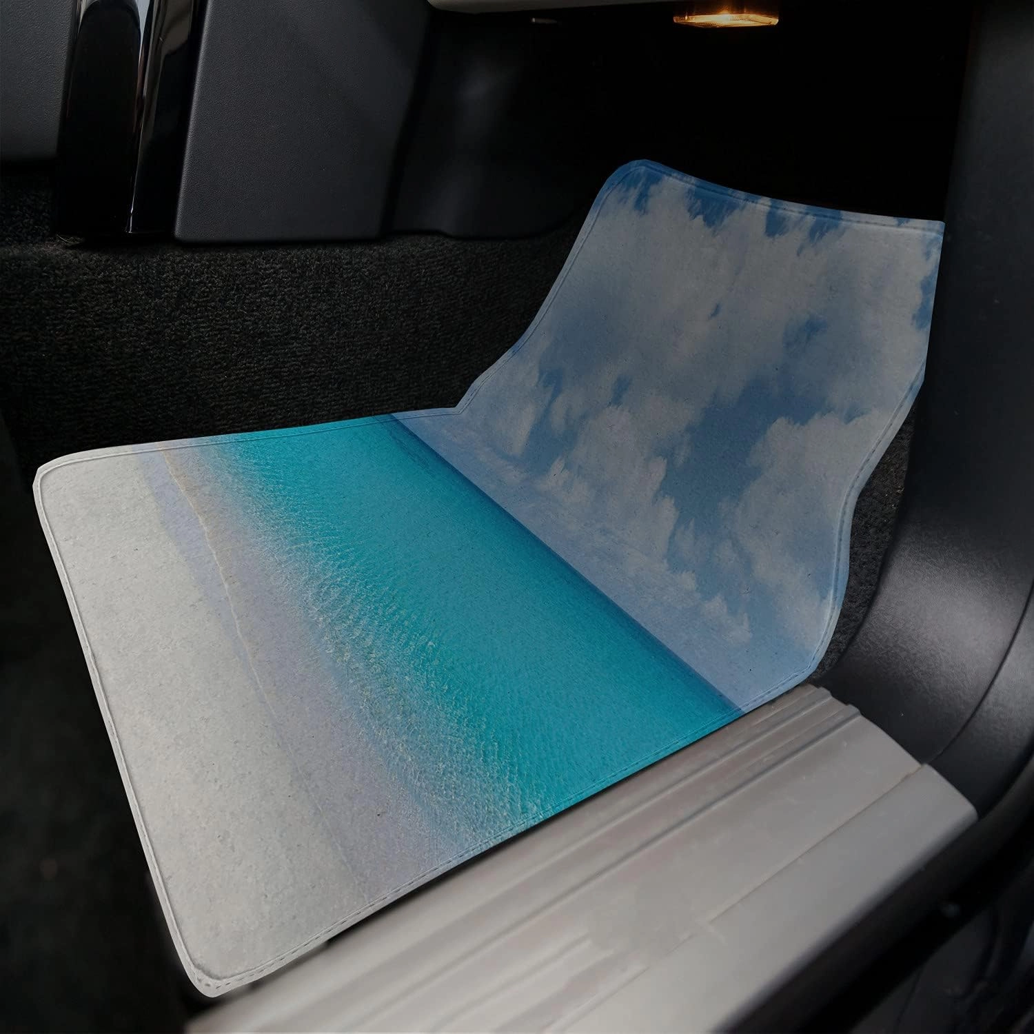 Lunarable Ocean Car Mat Set of 2, Solitude Peaceful Beach Scene Sea and Cloudy Sky Paradise View Print, Front Seat Floor Mat Durable PVC Backing Accesory, 27.5" x 17.9", Aqua Blue and Ivory