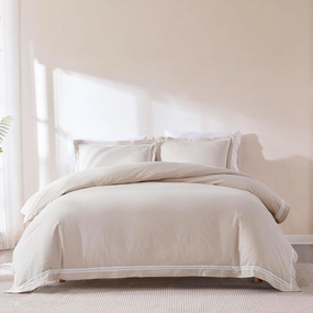 Lush Decor Doris Eyelet Inset Trim Cotton Duvet Cover 3 Piece Set King Neutral - Tan Duvet - Neutral Bedding Set - Country Cottage Style