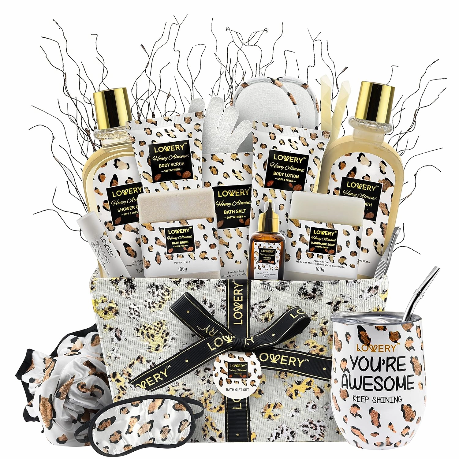 Luxury At-Home Spa Kit with Honey Almond Scent - Bath Gift Basket with Vit E-Rich Bath Essentials, Tumbler, Ear Candles, Bath Oil, Salts, Shower Steamer, Organic Lip Balm & More in Leopard Basket, 21