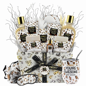 Luxury At-Home Spa Kit with Honey Almond Scent - Bath Gift Basket with Vit E-Rich Bath Essentials, Tumbler, Ear Candles, Bath Oil, Salts, Shower Steamer, Organic Lip Balm & More in Leopard Basket, 21