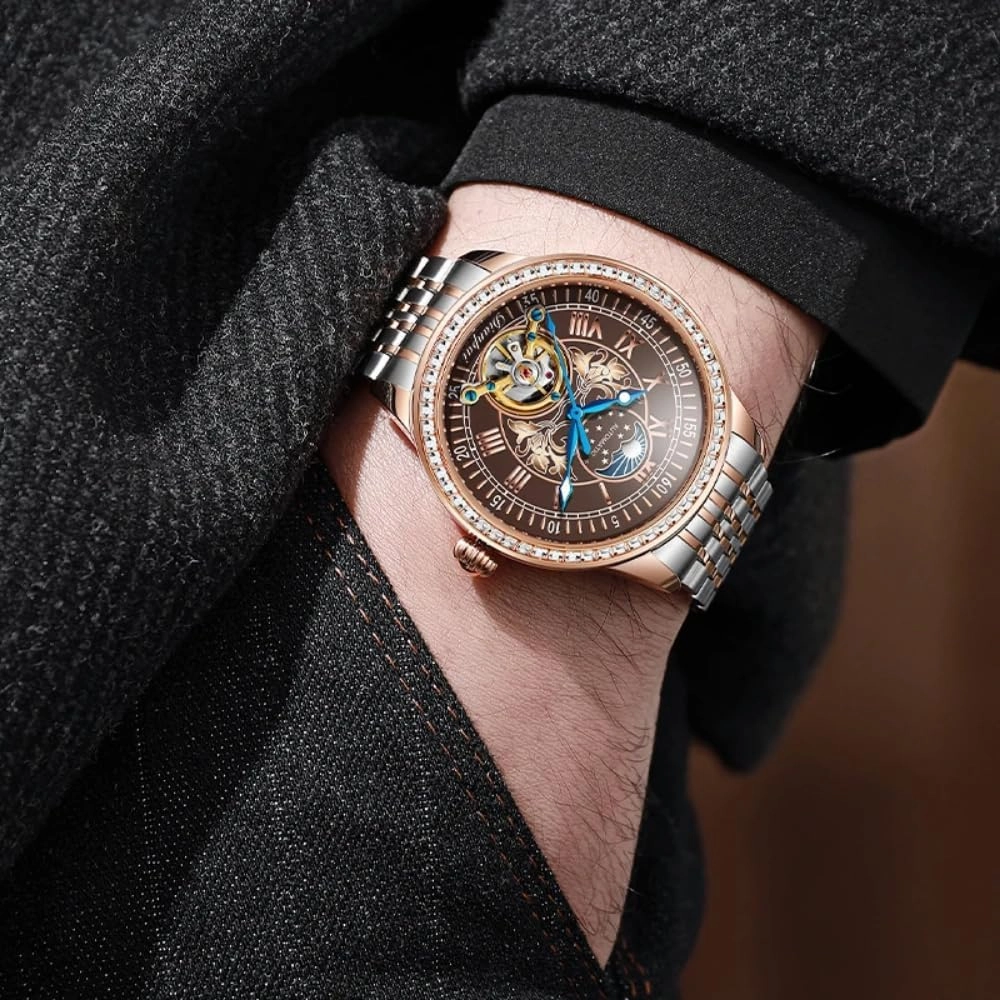 Luxury Automatic Mechanical Watch for Man Skeleton Tourbillon Moon Phase Waterproof Stainless Steel Strap Top Brand Luxury Gifts