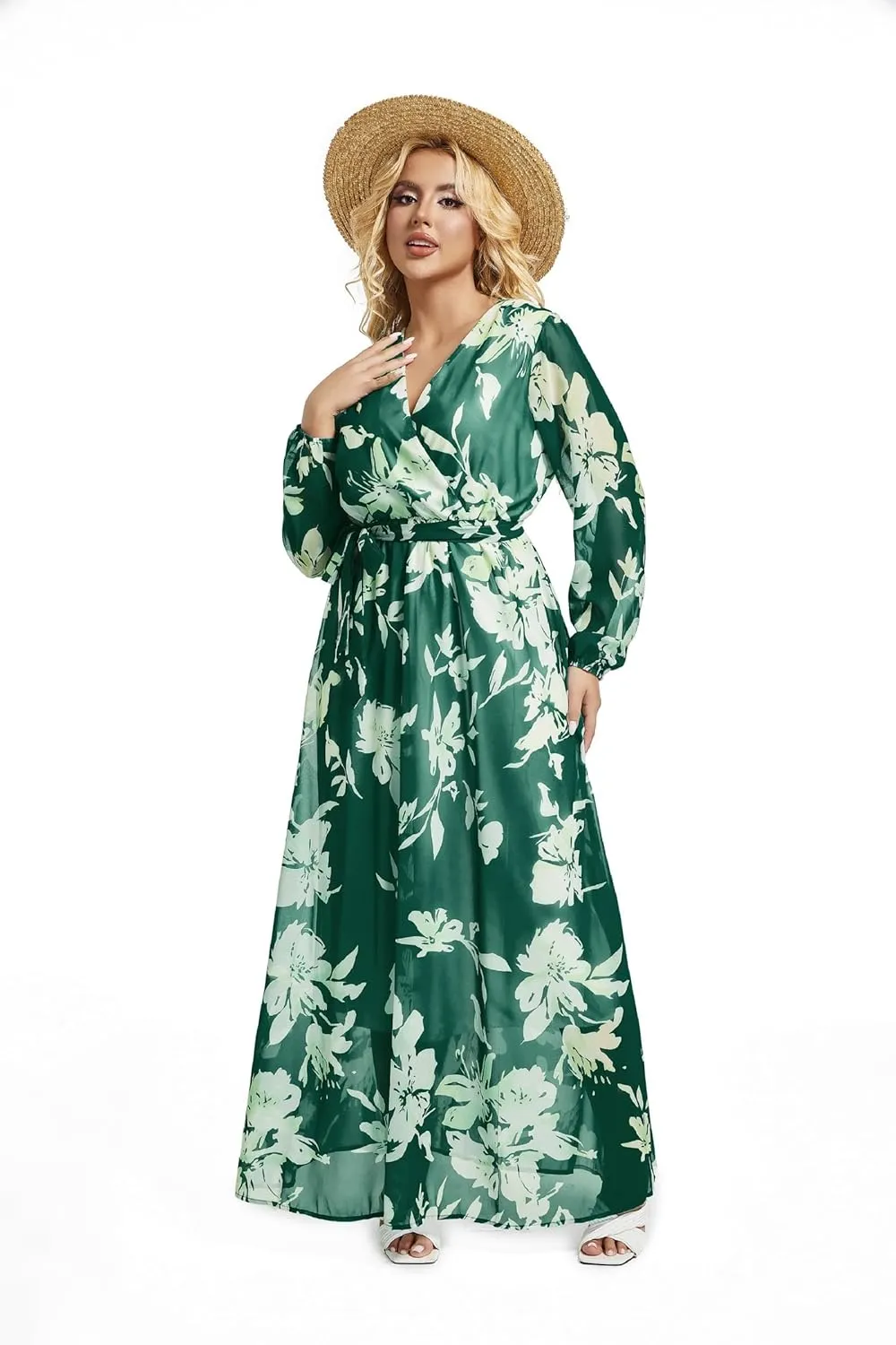 lvenzse Womens Maxi Dress Boho Chiffon Floral Printed Long Party Dresses Plus Size with Belt (FBA)