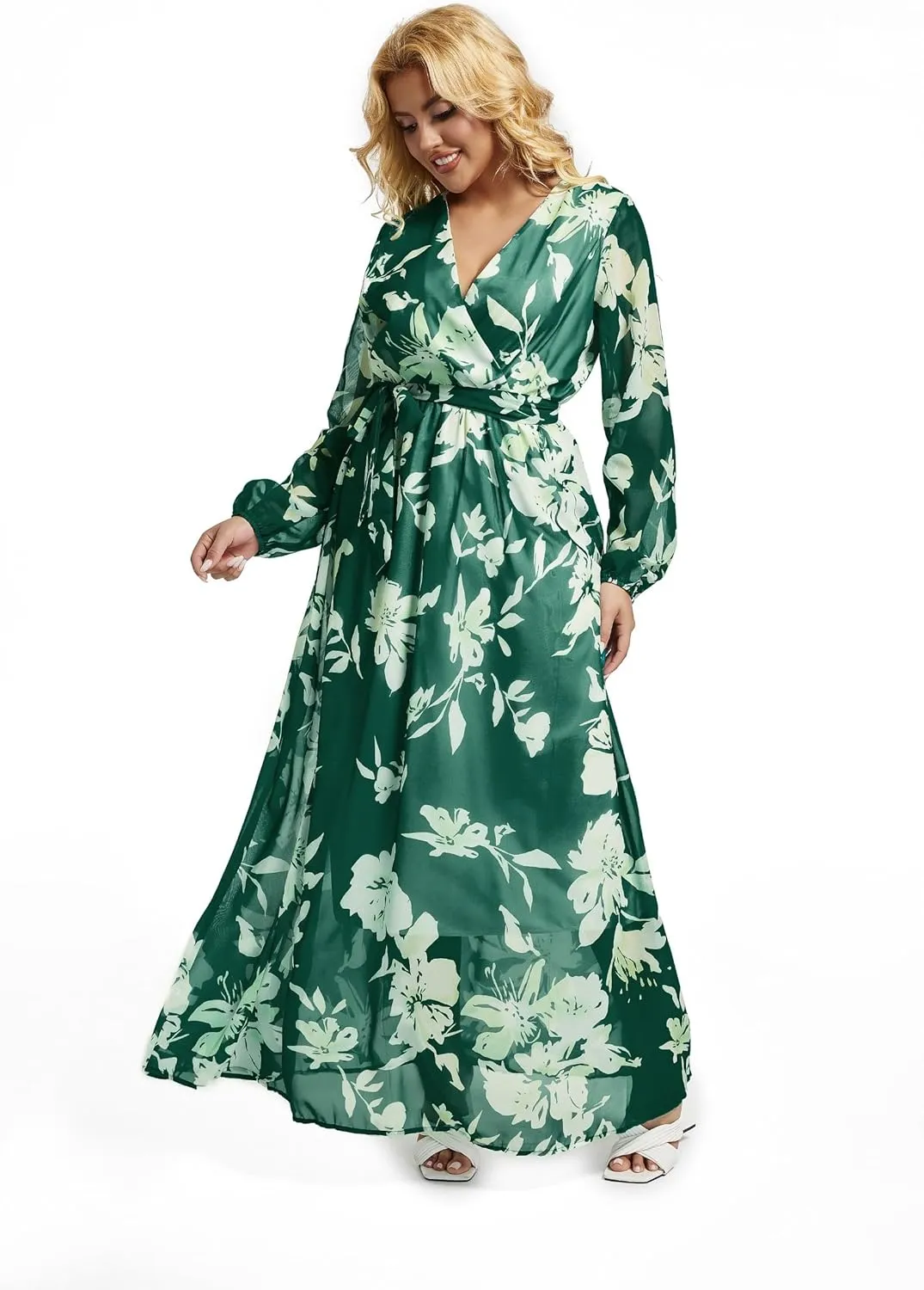lvenzse Womens Maxi Dress Boho Chiffon Floral Printed Long Party Dresses Plus Size with Belt (FBA)