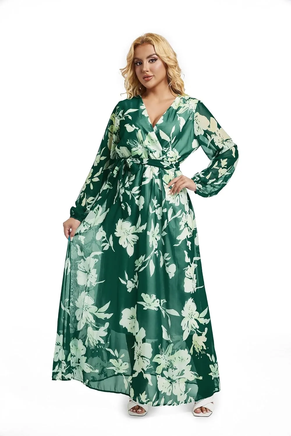 lvenzse Womens Maxi Dress Boho Chiffon Floral Printed Long Party Dresses Plus Size with Belt (FBA)