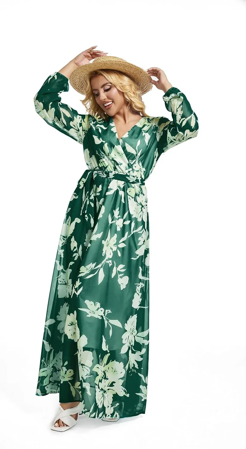 lvenzse Womens Maxi Dress Boho Chiffon Floral Printed Long Party Dresses Plus Size with Belt (FBA)