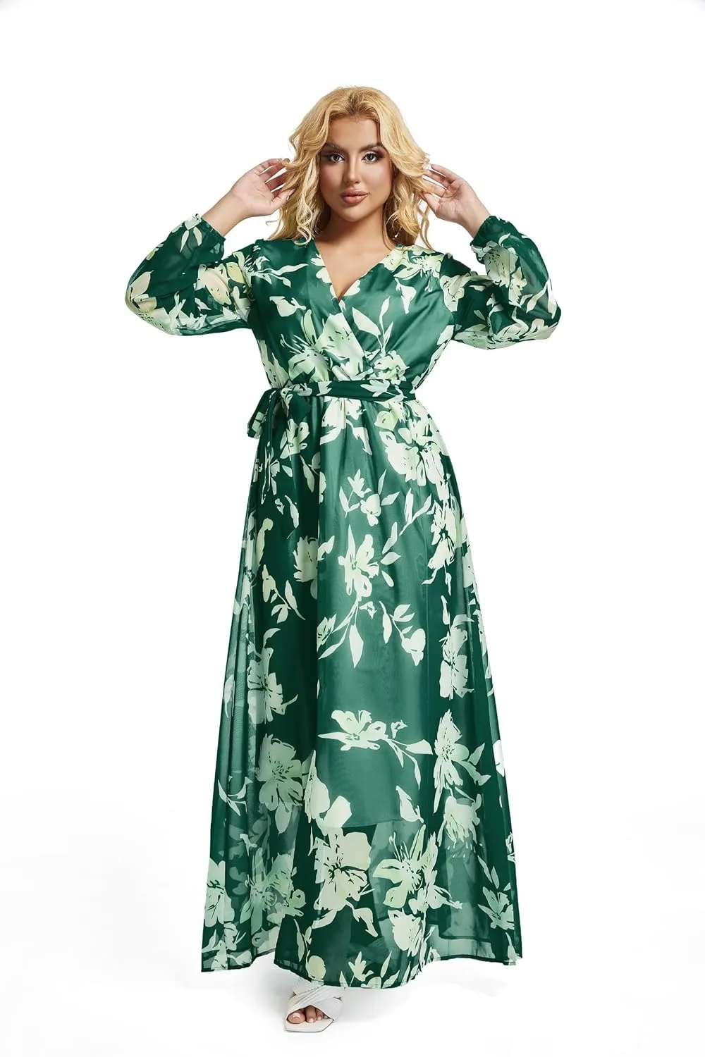 lvenzse Womens Maxi Dress Boho Chiffon Floral Printed Long Party Dresses Plus Size with Belt (FBA)