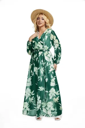 lvenzse Womens Maxi Dress Boho Chiffon Floral Printed Long Party Dresses Plus Size with Belt (FBA)