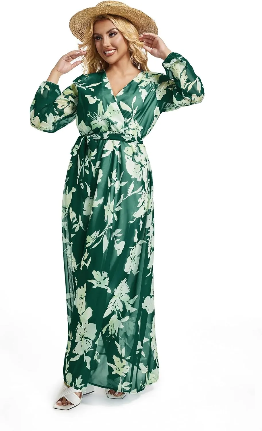 lvenzse Womens Maxi Dress Boho Chiffon Floral Printed Long Party Dresses Plus Size with Belt (FBA)
