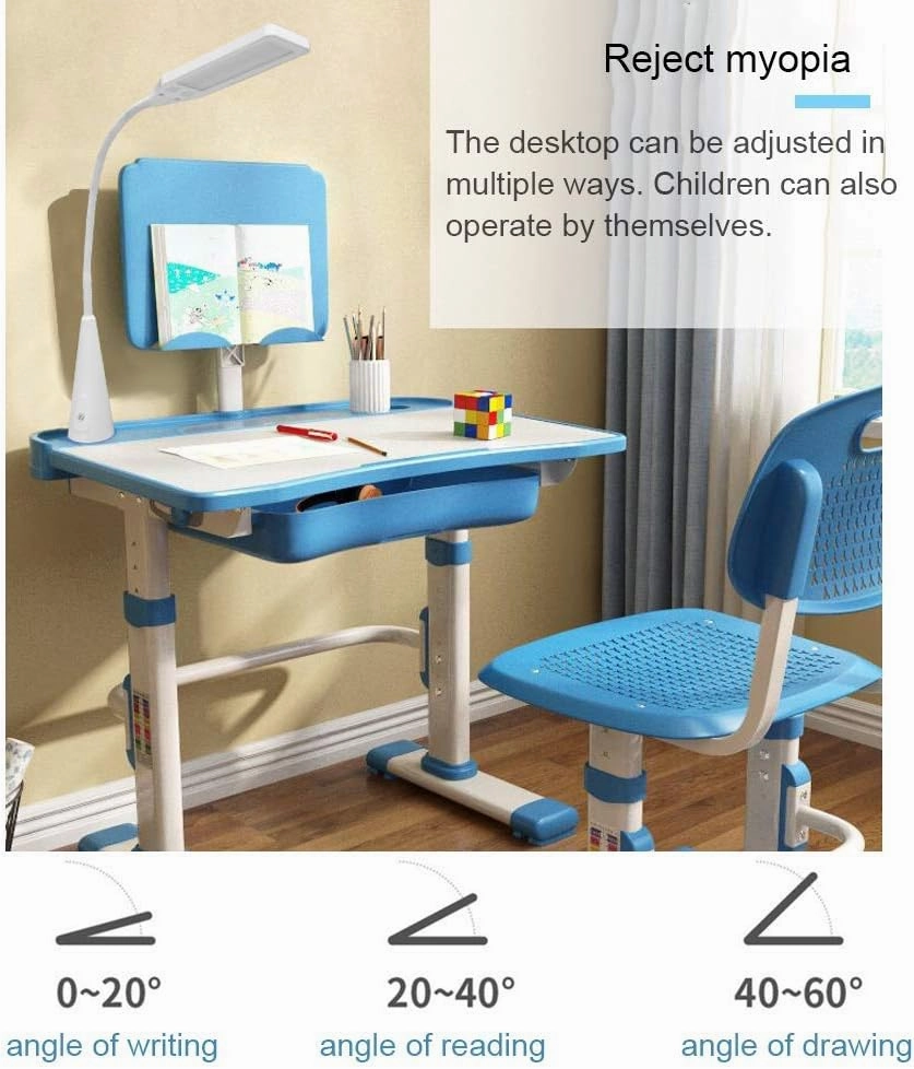 LVYUAN Kids Desk and Chair Set, Height Adjustable Study Desk for Bedroom, Tiltable Desktop, 3 Modes Light, Go Back School, Blue