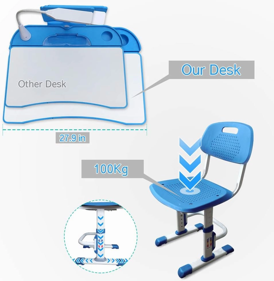 LVYUAN Kids Desk and Chair Set, Height Adjustable Study Desk for Bedroom, Tiltable Desktop, 3 Modes Light, Go Back School, Blue