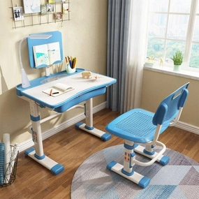 LVYUAN Kids Desk and Chair Set, Height Adjustable Study Desk for Bedroom, Tiltable Desktop, 3 Modes Light, Go Back School, Blue