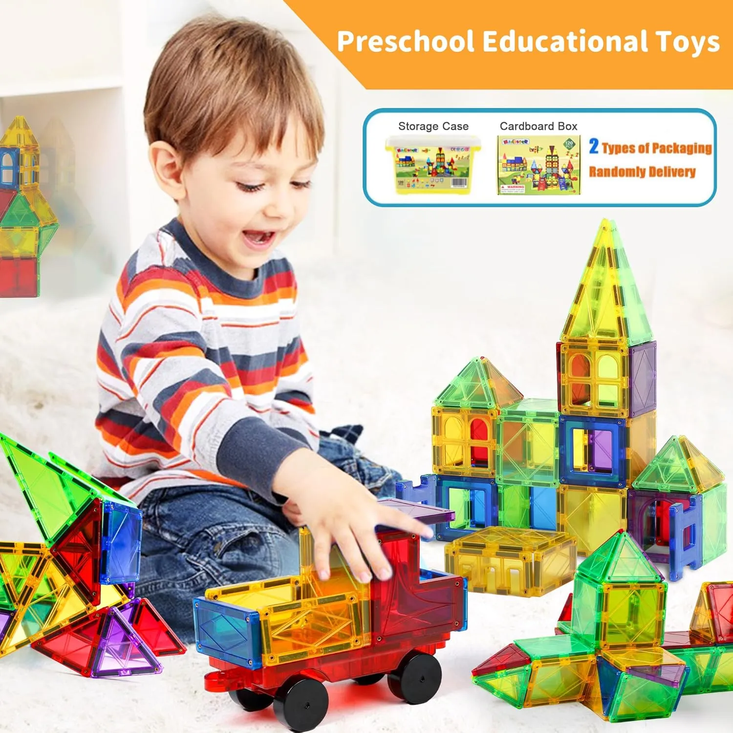 MAGBLOCK Magnetic Tiles Kids Toys, 120PCS 3D Magnetic Building Blocks Set Construction Toys Educational STEM Magnet Tiles for Kids Stacking Blocks Learning Gifts for Toddlers Boys Girls