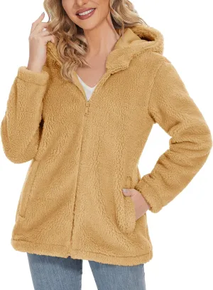 MAGCOMSEN Women's Sherpa Jacket Zip Up Hoodie Fuzzy Teddy Coat with Zipper Pockets Lightweight Fleece Lined Warm Winter Coat
