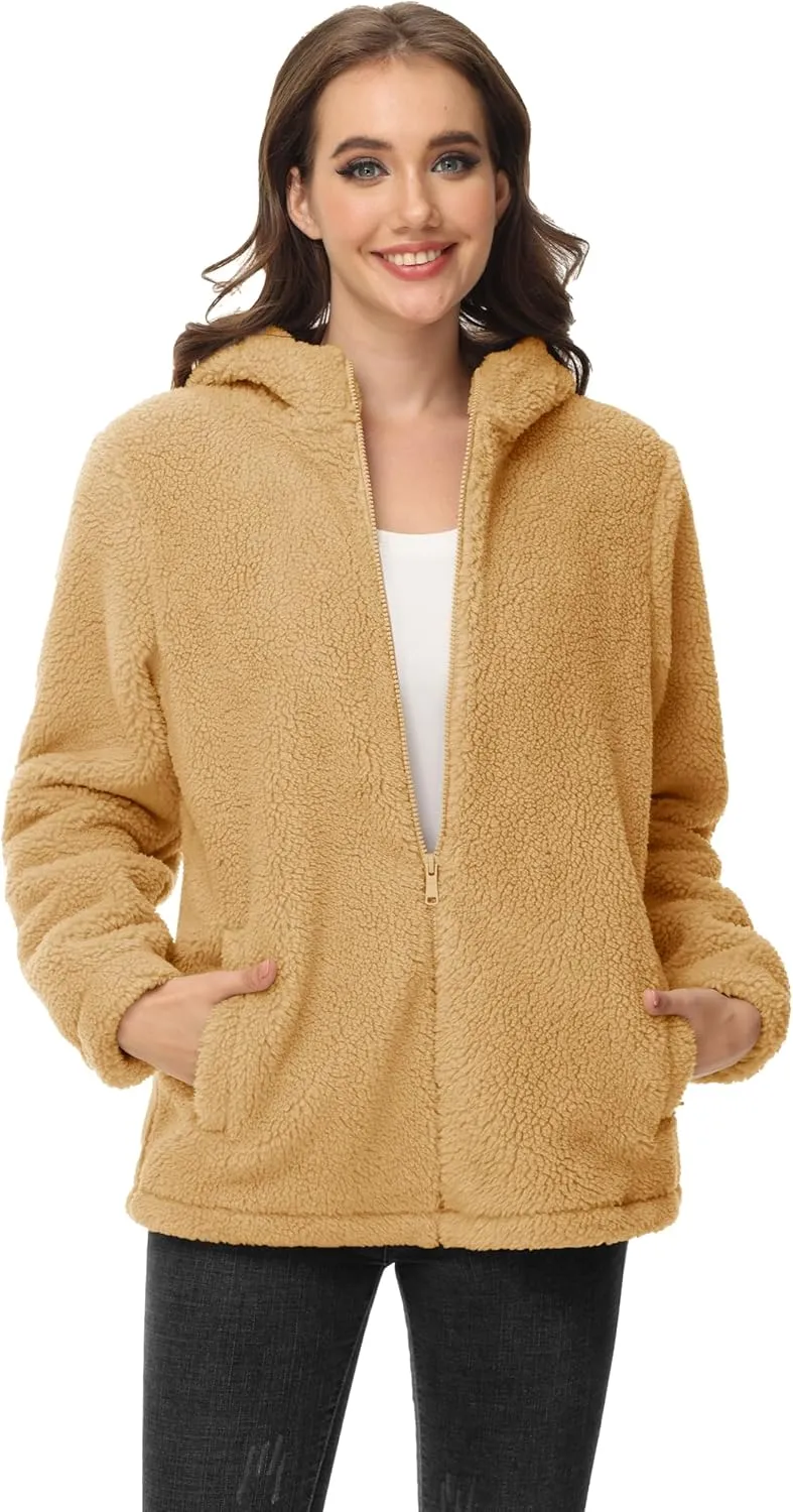 MAGCOMSEN Women's Sherpa Jacket Zip Up Hoodie Fuzzy Teddy Coat with Zipper Pockets Lightweight Fleece Lined Warm Winter Coat
