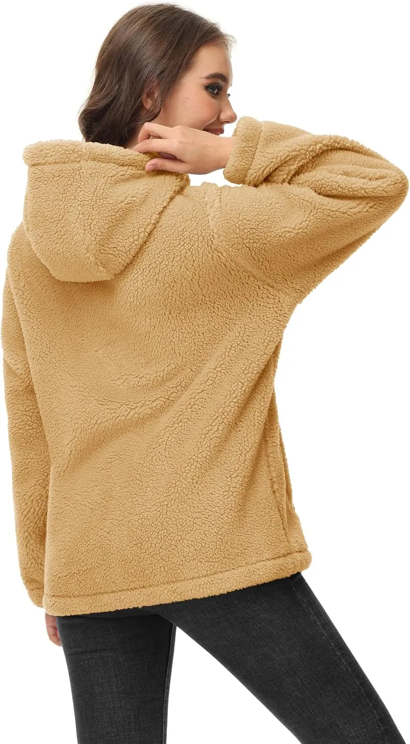 MAGCOMSEN Women's Sherpa Jacket Zip Up Hoodie Fuzzy Teddy Coat with Zipper Pockets Lightweight Fleece Lined Warm Winter Coat