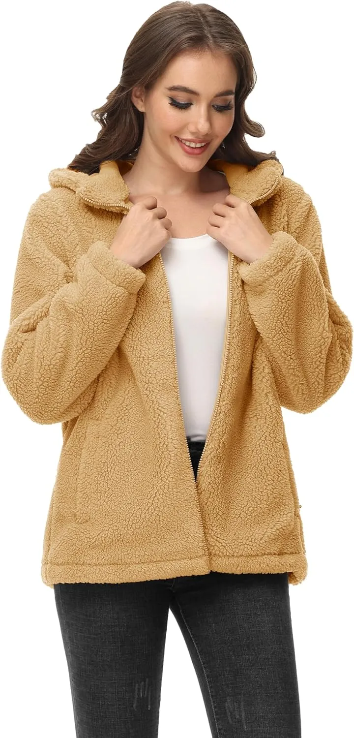 MAGCOMSEN Women's Sherpa Jacket Zip Up Hoodie Fuzzy Teddy Coat with Zipper Pockets Lightweight Fleece Lined Warm Winter Coat