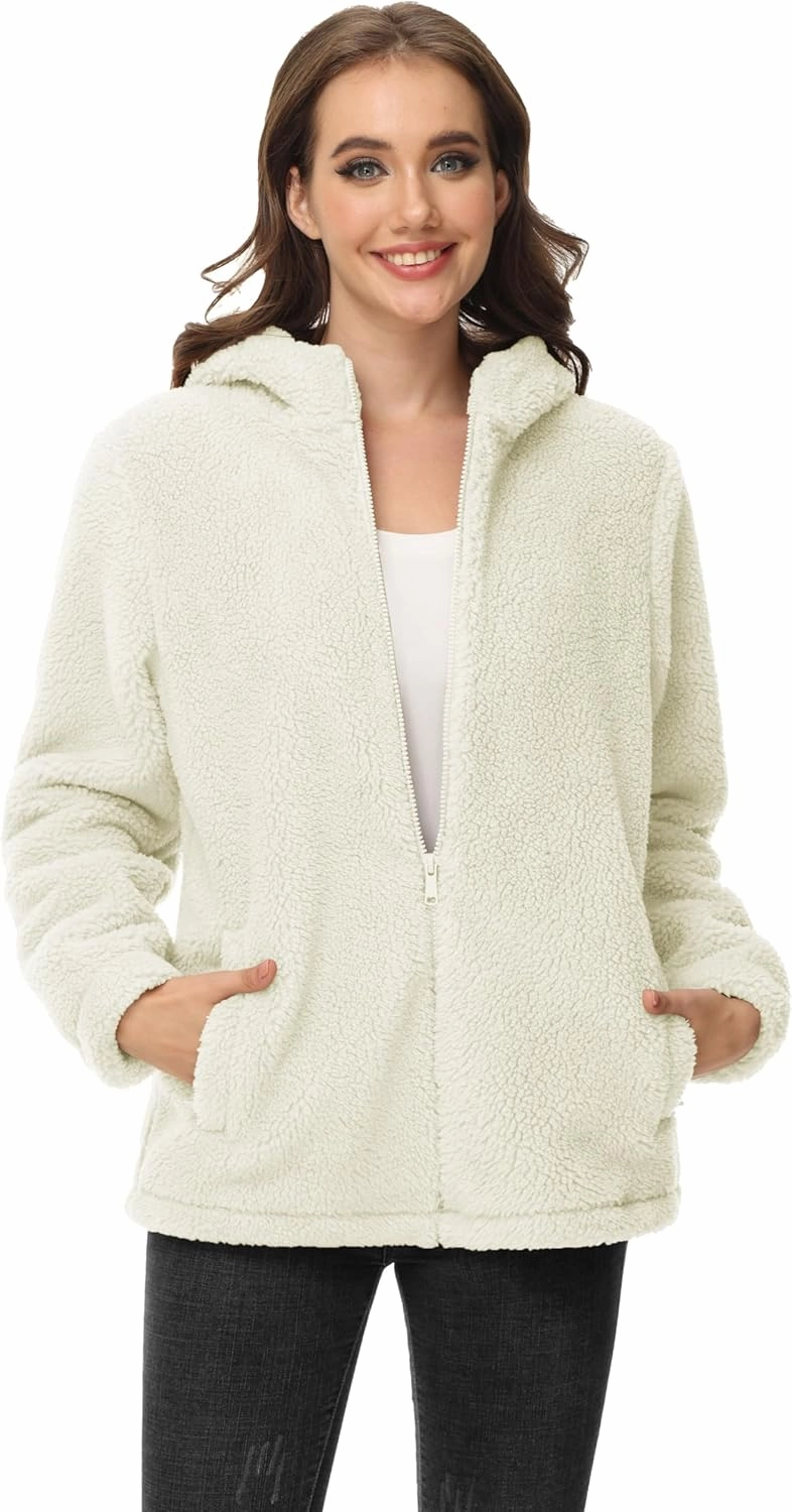MAGCOMSEN Women's Sherpa Jacket Zip Up Hoodie Fuzzy Teddy Coat with Zipper Pockets Lightweight Fleece Lined Warm Winter Coat
