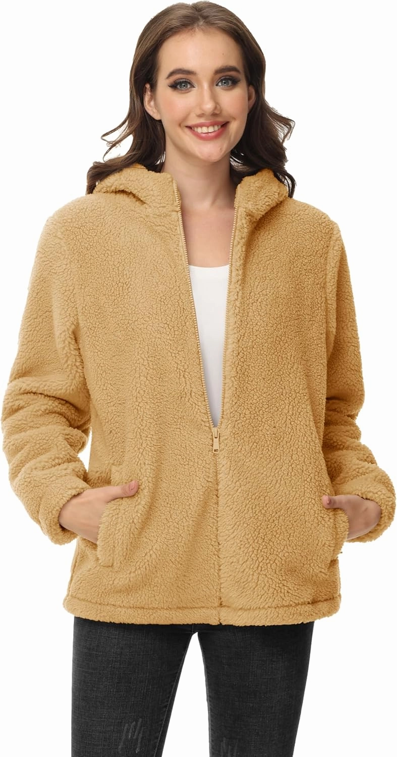 MAGCOMSEN Women's Sherpa Jacket Zip Up Hoodie Fuzzy Teddy Coat with Zipper Pockets Lightweight Fleece Lined Warm Winter Coat