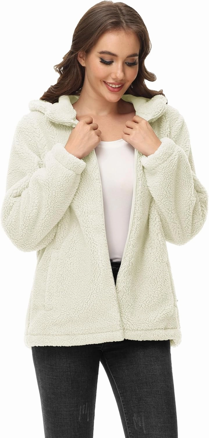 MAGCOMSEN Women's Sherpa Jacket Zip Up Hoodie Fuzzy Teddy Coat with Zipper Pockets Lightweight Fleece Lined Warm Winter Coat
