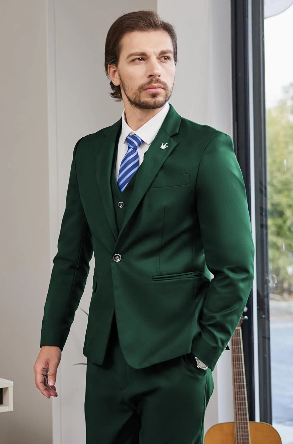 MAGE MALE Mens Suits Slim Fit 3 Piece Tuxedo Suit One Button Solid Prom Wedding Party Blazer Vest Pants Set with Tie