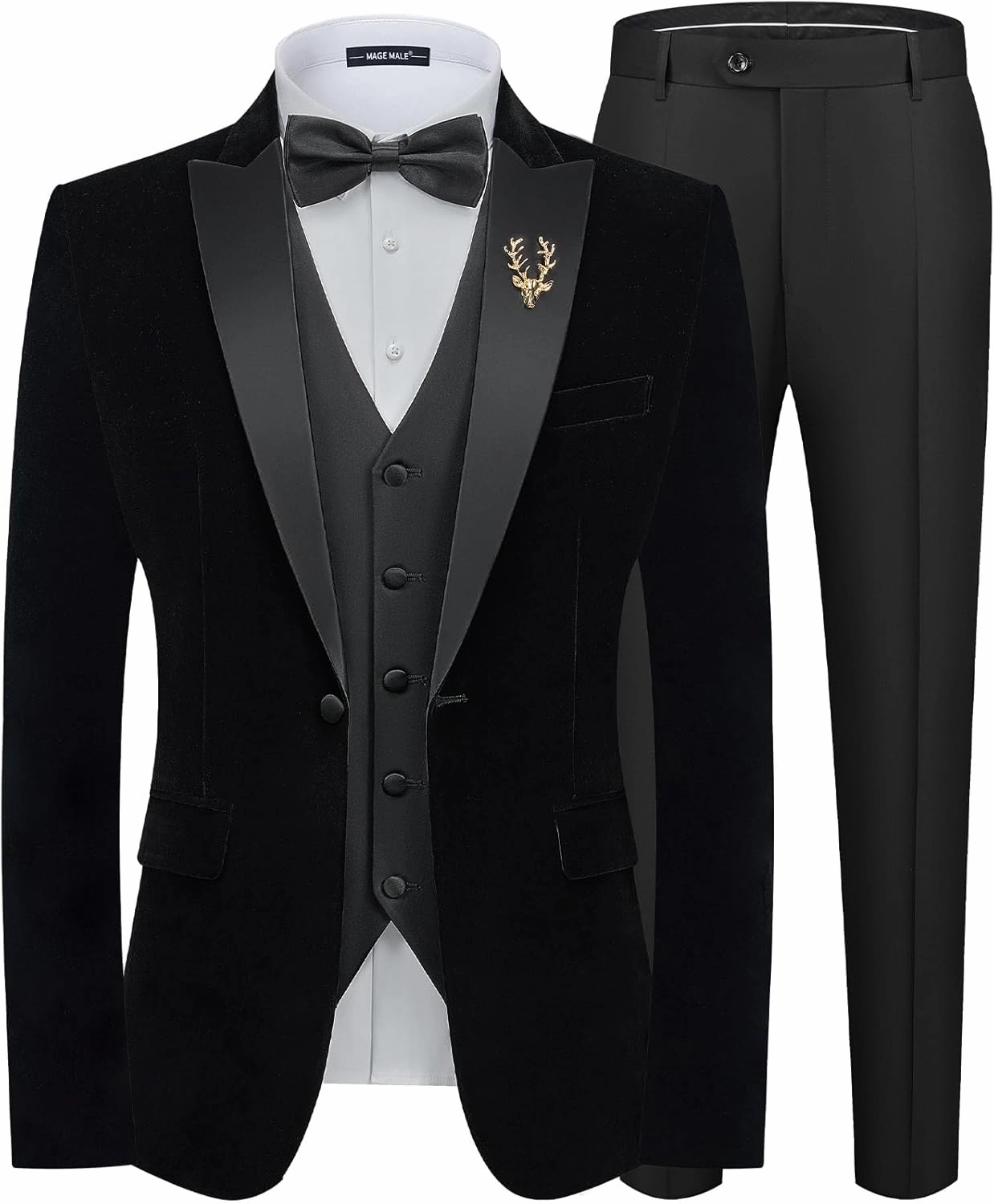 MAGE MALE Mens Velvet Suits Slim Fit Peak Lapel Tuxedo 3 Piece One Button Prom Party Banquet Blazer Vest Pants Set