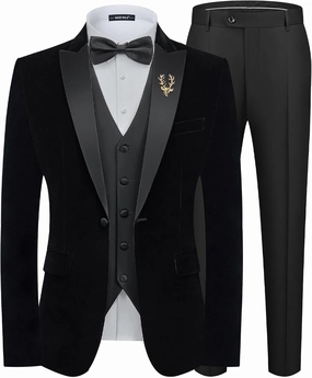 MAGE MALE Mens Velvet Suits Slim Fit Peak Lapel Tuxedo 3 Piece One Button Prom Party Banquet Blazer Vest Pants Set