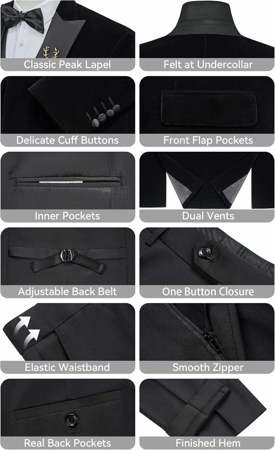 MAGE MALE Mens Velvet Suits Slim Fit Peak Lapel Tuxedo 3 Piece One Button Prom Party Banquet Blazer Vest Pants Set